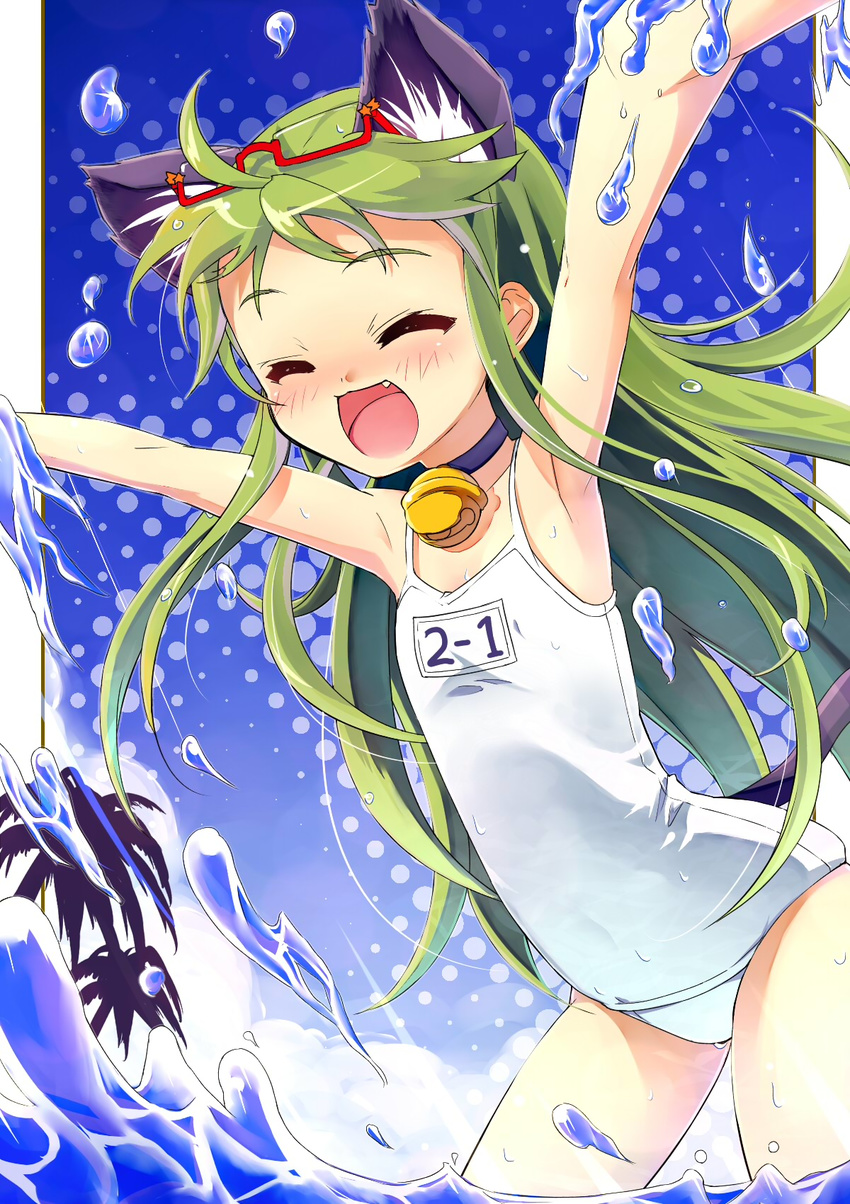 animal_ears bad_id bad_pixiv_id blush cat_ears child closed_eyes eyewear_on_head fang flat_chest glasses green_hair happy highres long_hair ocean one-piece_swimsuit original osa_(osaosa) palm_tree playing school_swimsuit solo splashing swimsuit tail tree water white_school_swimsuit white_swimsuit