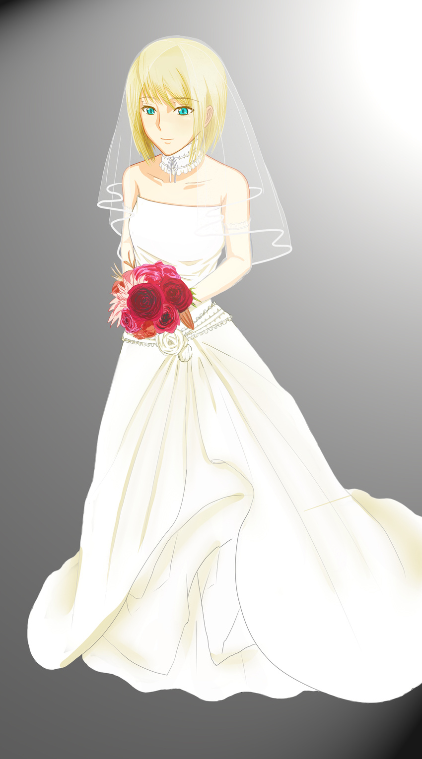 absurdres amaron aqua_eyes blonde_hair bridal_veil bride dress flower highres original short_hair solo veil wedding_dress