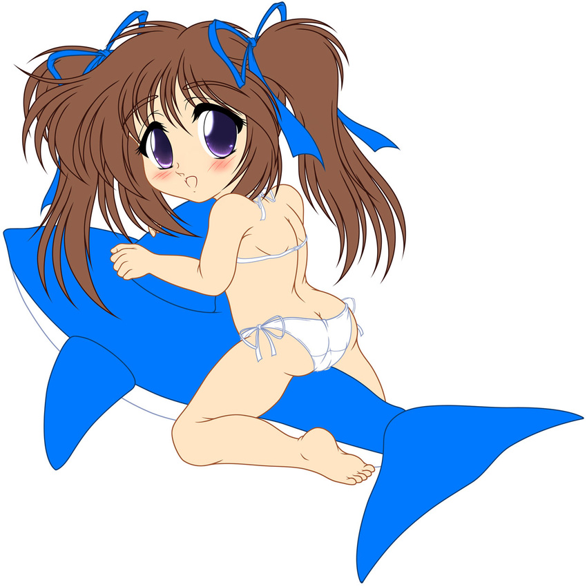 ass bad_anatomy bad_id bad_pixiv_id barefoot bikini brown_hair dolphin feet highres inflatable_raft kishima_tower long_hair purple_eyes solo swimsuit twintails work_in_progress