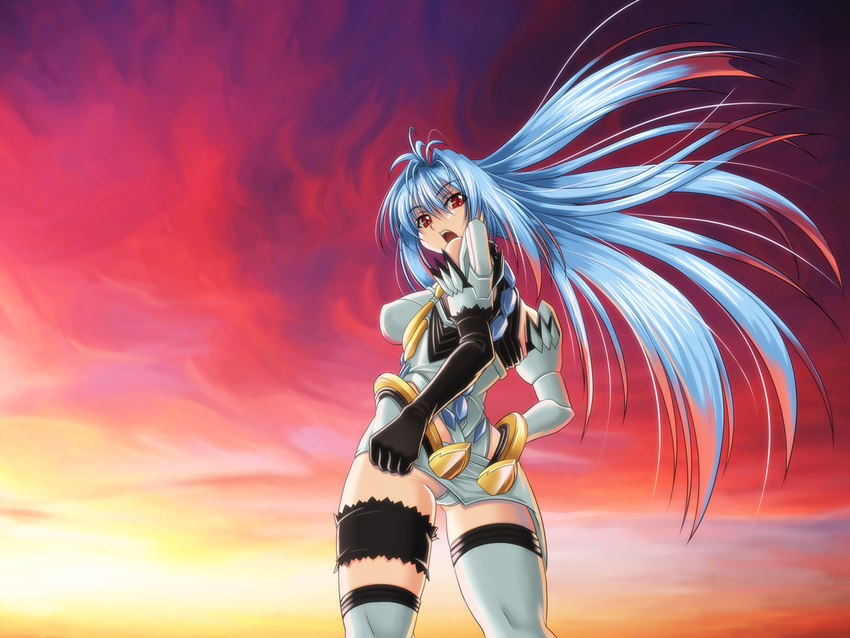 armor from_below garters kos-mos long_hair open_mouth panties pantyshot purple_hair red_eyes shunzou solo sunset thighhighs underwear white_panties xenosaga xenosaga_episode_i