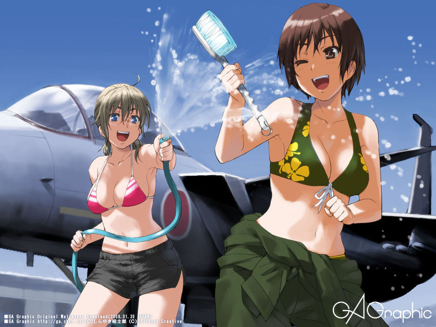 aircraft airplane bikini_top breasts cleaning_brush f-15_eagle fighter_jet front-tie_top gagraphic glasses hose jet medium_breasts military military_vehicle multiple_girls one_eye_closed shirayuki_shoushirou wallpaper