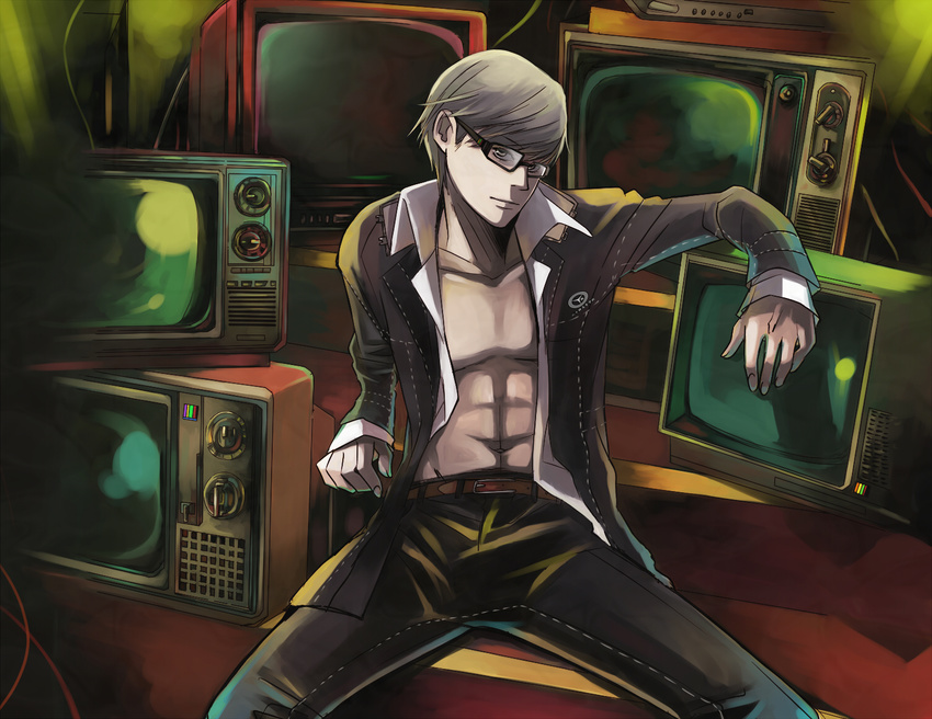 abs bad_id bad_pixiv_id belt glasses grey_eyes grey_hair kazuki_(kazu-king) male_focus narukami_yuu navel open_clothes open_shirt persona persona_4 school_uniform shirt solo spread_legs television yasogami_school_uniform