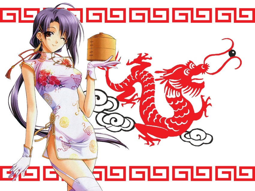 bamboo_steamer china_dress chinese_clothes dress garter_belt gloves highres kinoshita_takako long_hair one_eye_closed pia_carrot_(series) pia_carrot_e_youkoso!! pia_carrot_e_youkoso!!_3 purple_hair smile solo suzuhira_hiro thighhighs wallpaper