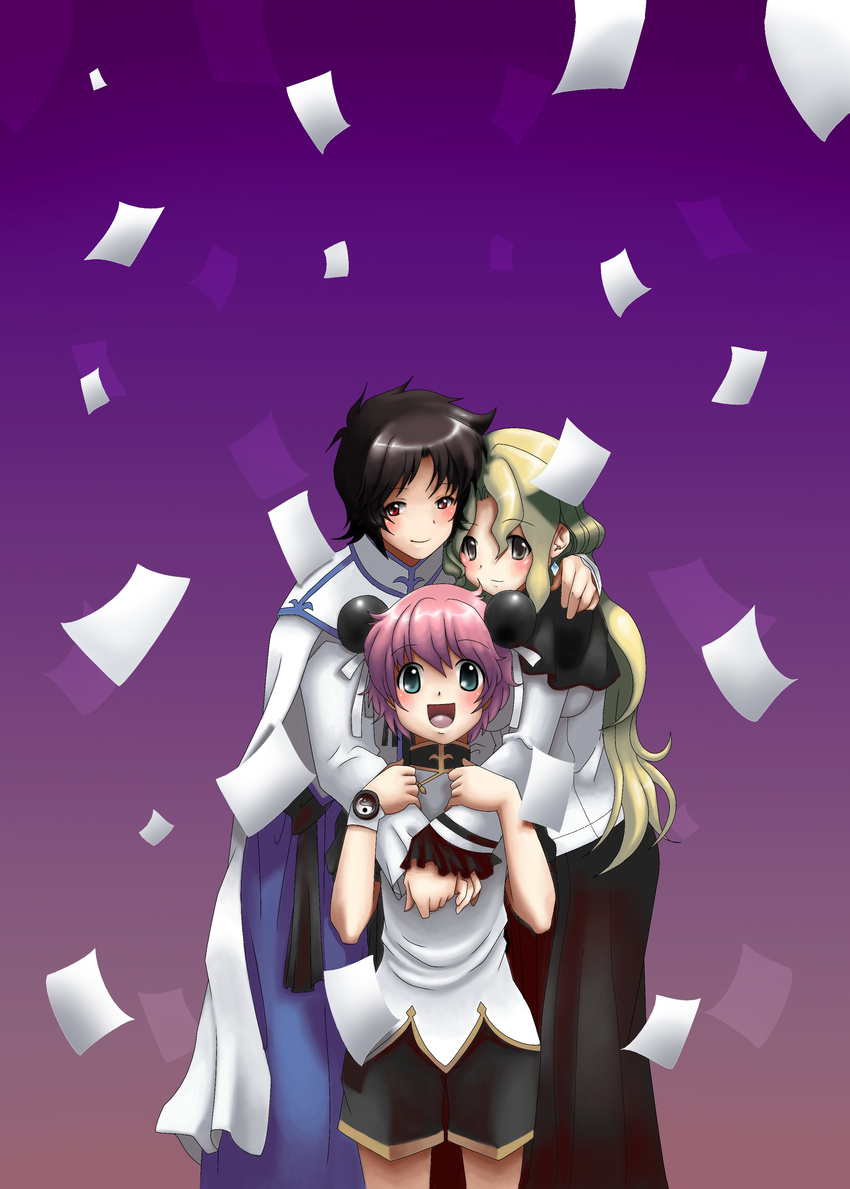 :d absurdres anita_king bad_id bad_pixiv_id black_gloves black_hair blonde_hair fingerless_gloves gloves group_hug height_difference highres hug long_sleeves looking_at_viewer maggie_mui michelle_cheung mosho multiple_girls open_mouth pink_hair r.o.d_the_tv read_or_die short_hair siblings sisters smile standing