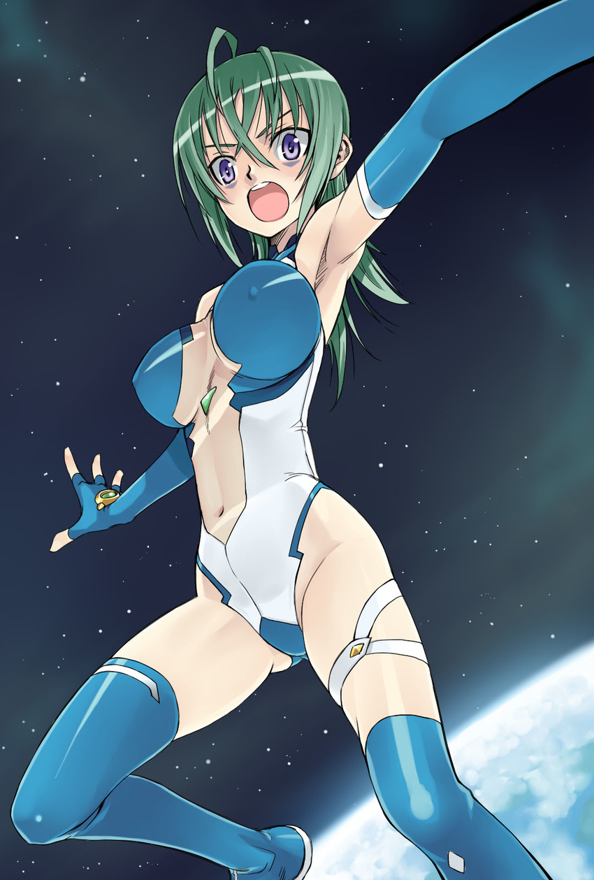 armpits bad_id bad_pixiv_id blue_leotard breasts covered_nipples elbow_gloves gloves green_hair highres kannagi_itsuki large_breasts leotard long_hair purple_eyes satou_atsuki solo sora_wo_kakeru_shoujo space thighhighs white_leotard