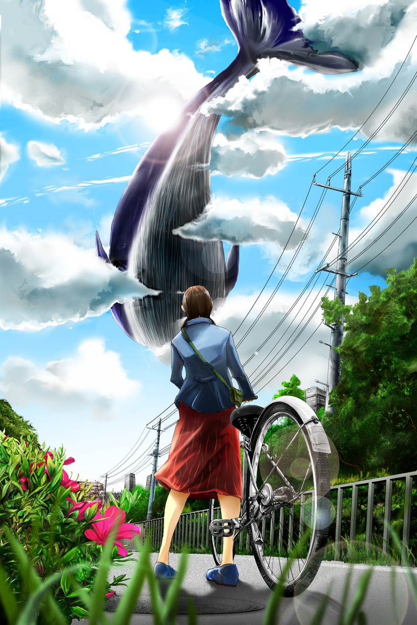 71 absurdres bag bicycle cloud day flower flying_whale from_below ground_vehicle highres no_socks power_lines saishuu_shiken_kujira shoulder_bag sky solo sun surreal whale