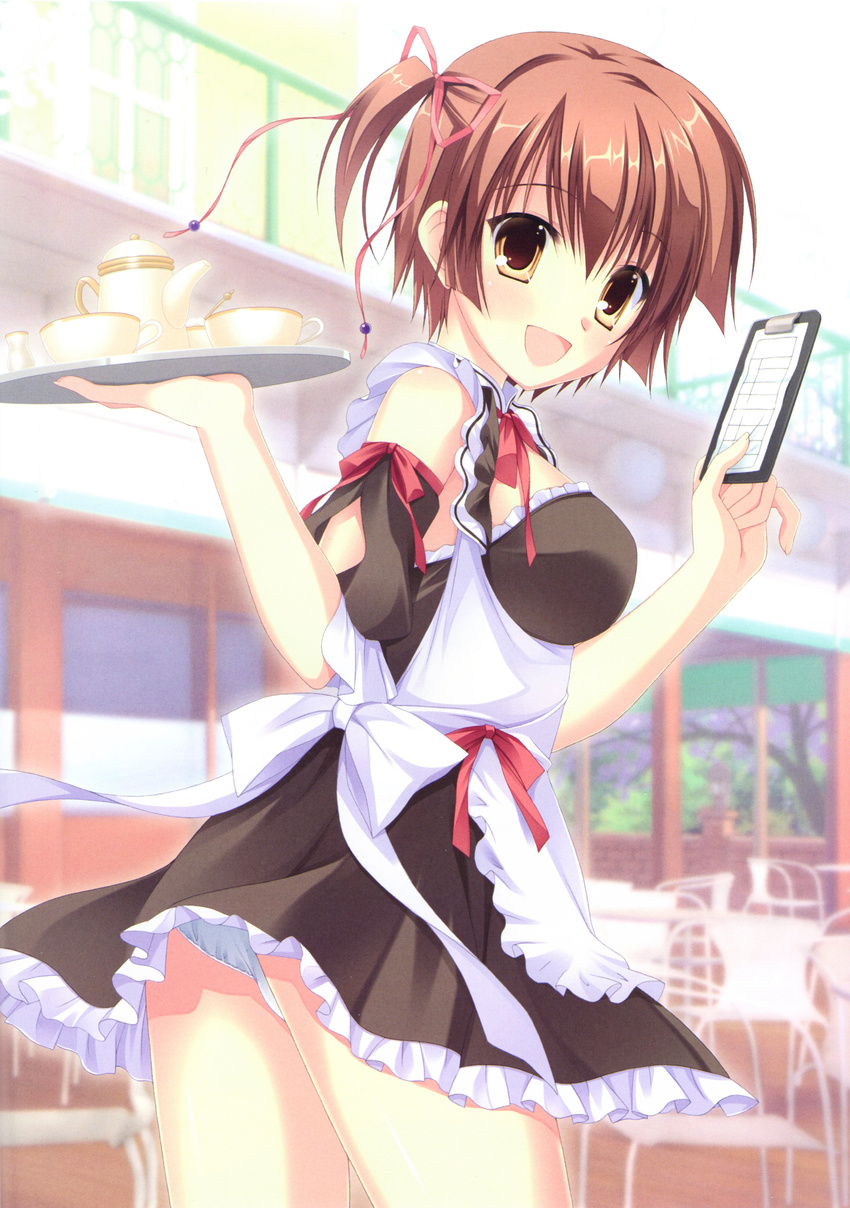 :d absurdres breasts brown_eyes brown_hair clipboard cup da_capo da_capo_iii highres hinomoto_aoi medium_breasts open_mouth panties pantyshot smile takano_yuki_(allegro_mistic) teacup teapot tray underwear waitress white_panties