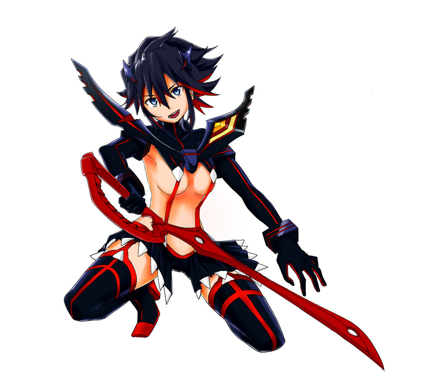 black_legwear boots breasts highres kill_la_kill matoi_ryuuko medium_breasts multicolored_hair open_mouth revealing_clothes scissor_blade short_hair simple_background smile solo suspenders sword syuichi thigh_boots thighhighs two-tone_hair weapon white_background