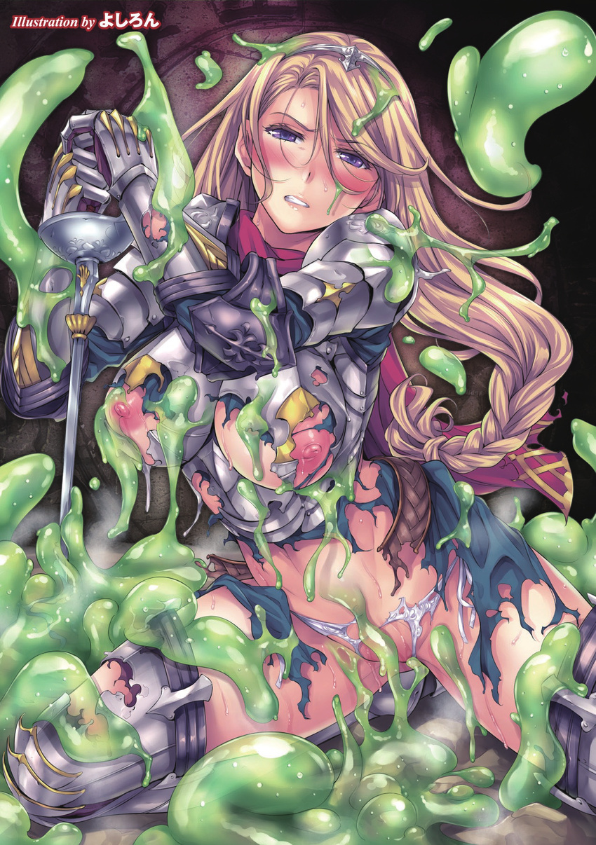 armor blonde_hair blush breasts damaged dissolving_clothes fantasy gauntlets hairband highres kneeling large_breasts long_hair nipples non-web_source original panties purple_eyes pussy rapier slime solo sword thighhighs underwear weapon yoshiron