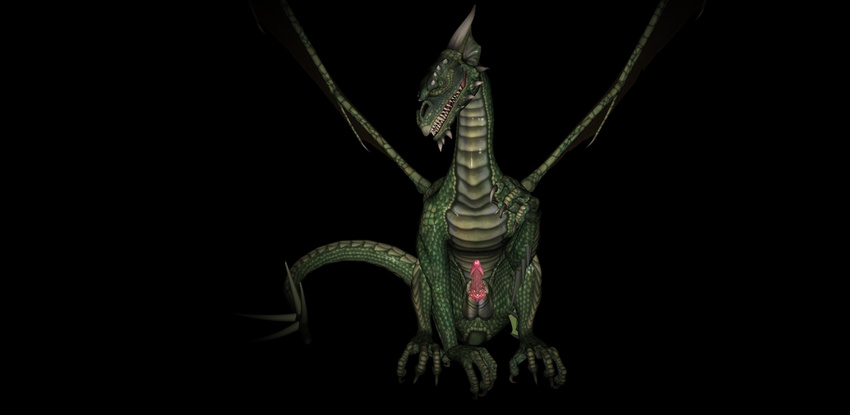 balls black_background cgi claws dragon erection fangs feral gelrend green_dragon green_scales long_neck looking_at_viewer male millennium_dragon naughty_face penis plain_background scales scalie sharp_teeth solo spikes teeth western_dragon wings