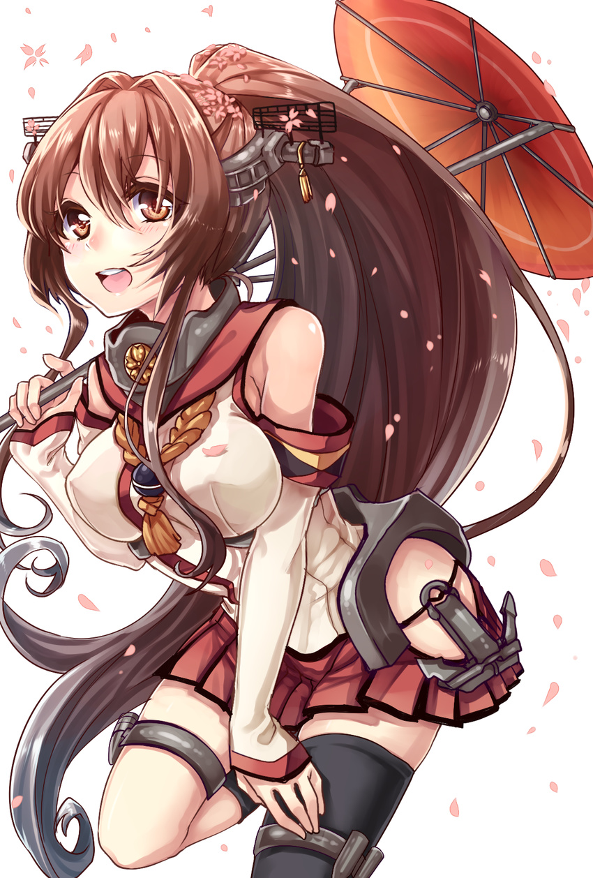 anchor bare_shoulders breasts brown_eyes brown_hair detached_sleeves hair_ornament highres kantai_collection large_breasts long_hair looking_at_viewer open_mouth oriental_umbrella ponytail red_umbrella single_thighhigh skirt smile solo thighhighs umbrella very_long_hair yamato_(kantai_collection) yuya_(night_lily)