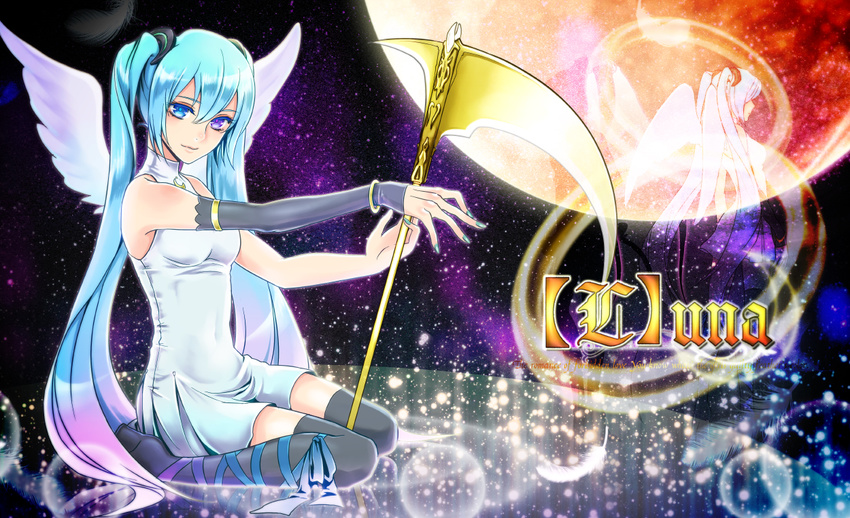 aqua_hair bicolored_eyes blue_eyes dress elbow_gloves feathers gloves hatsune_miku long_hair momopanda moon purple_eyes scythe space stars thighhighs twintails vocaloid wings