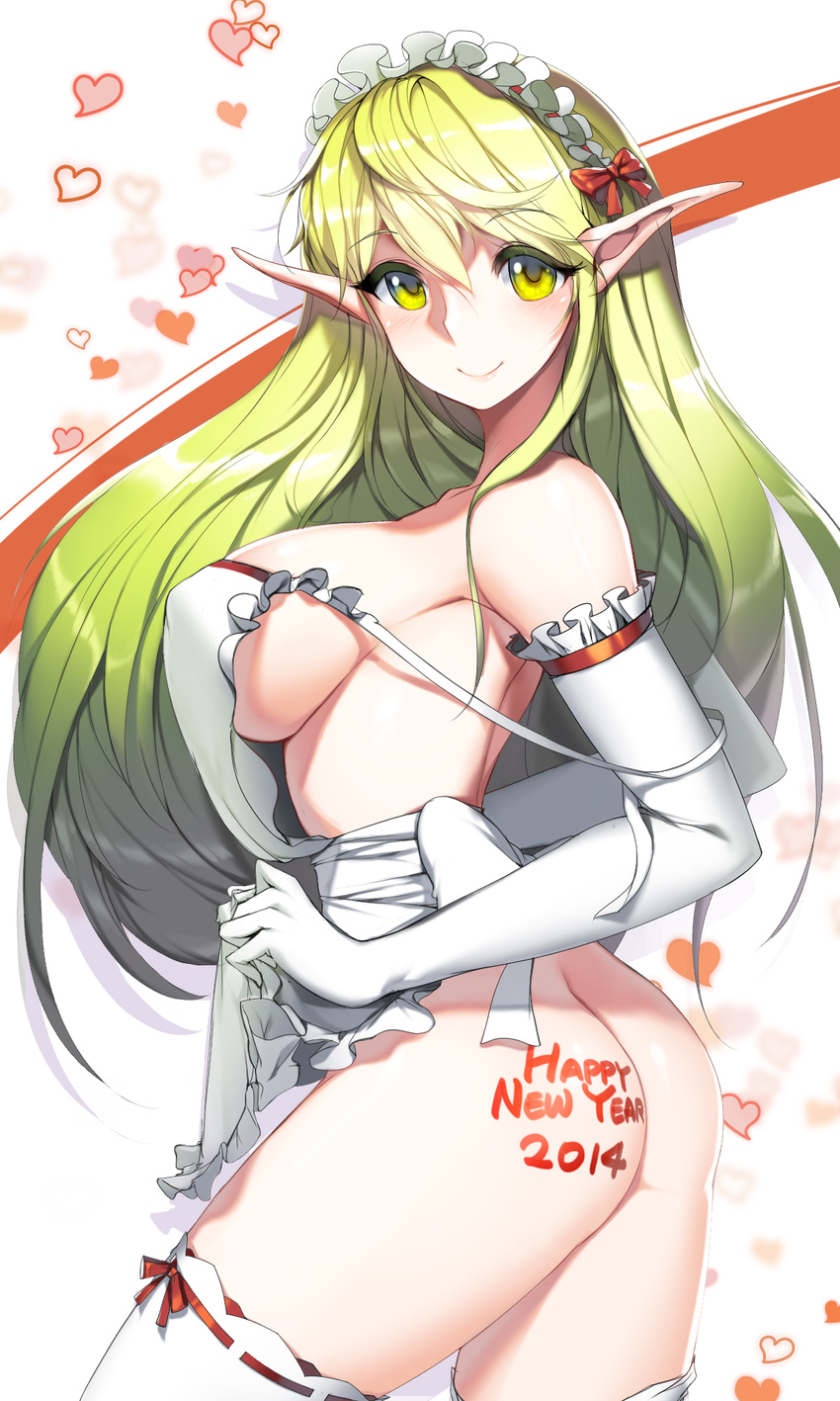 2014 apron ass breasts elbow_gloves elf elsword gloves green_eyes green_hair heart heart_background highres large_breasts long_hair maid_headdress naked_apron new_year pointy_ears rena_(elsword) sideboob simple_background snowball22 solo strap_slip thighhighs white_gloves white_legwear