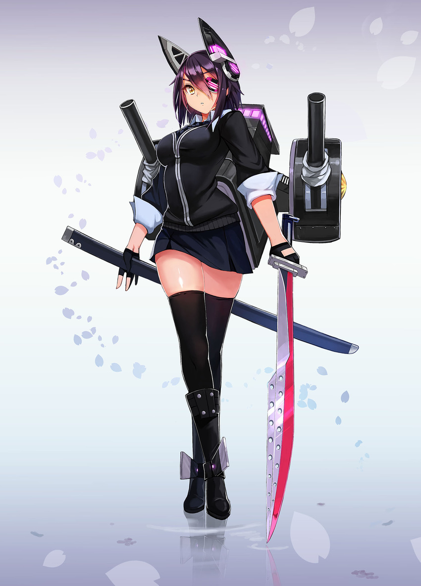 black_legwear blue_background boots breasts crossed_legs deneb_(noble324) eyepatch fingerless_gloves gloves highres kantai_collection katana large_breasts left-handed looking_at_viewer parted_lips partly_fingerless_gloves purple_hair short_hair solo standing sword tenryuu_(kantai_collection) thighhighs watson_cross weapon yellow_eyes