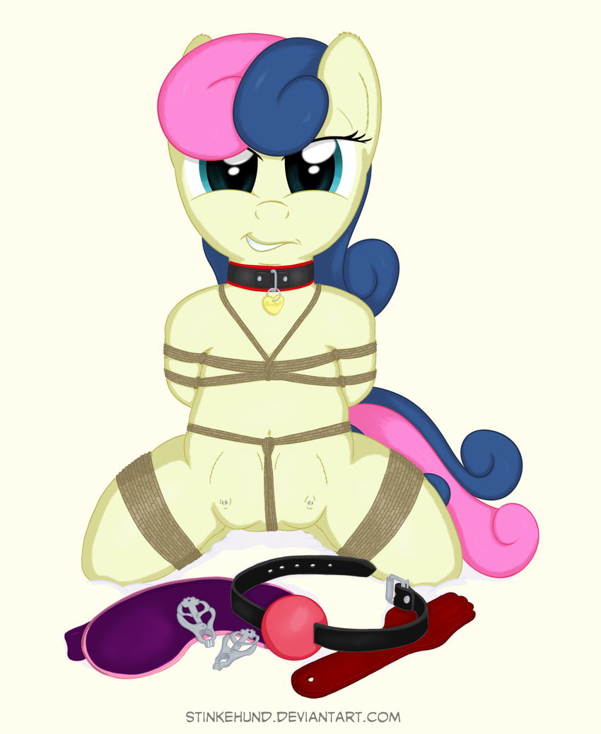 bdsm blue_eyes bonbon_(mlp) bondage bound collar equine female friendship_is_magic gag hair hi_res horse kneeling looking_at_viewer mammal my_little_pony nipple_clamp nude plain_background pony rope smirk solo stinkehund teats two_tone_hair white_background