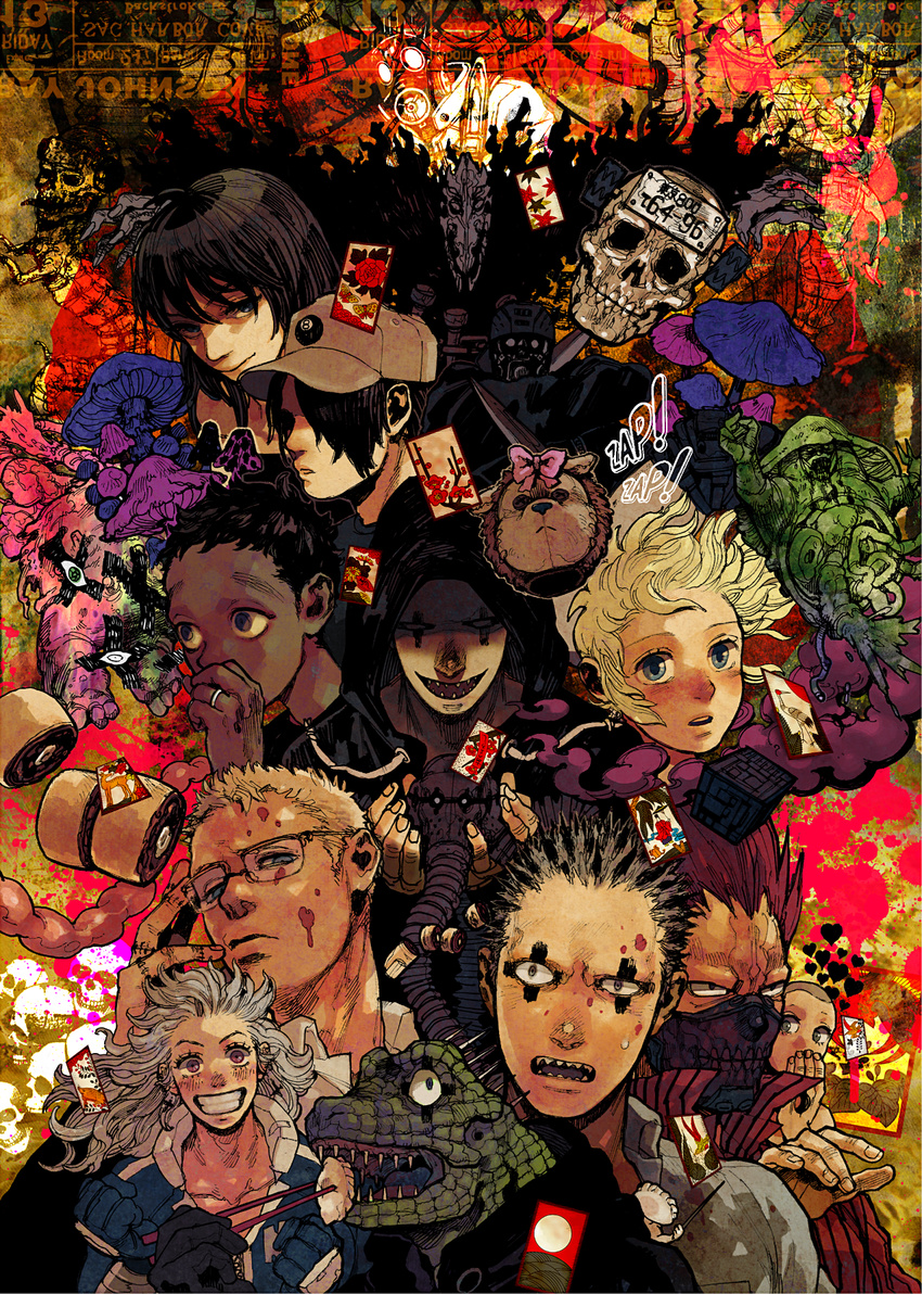 6+boys aikawa_(dorohedoro) bad_id bad_pixiv_id baseball_cap black_hair blonde_hair blood blue_eyes bow brown_eyes caiman card chopsticks chota collarbone crocodilian dark_skin dorohedoro dumpling earrings eating ebisu_(dorohedoro) en_(dorohedoro) food gas_mask gloves grin gyoza_man hair_over_one_eye haru_(dorohedoro) hat heart helmet hidden_eyes highres hood hoodie intestines jewelry jiaozi kai_(dorohedoro) kasukabe_(dorohedoro) knife lizard mask multicolored_hair multiple_boys multiple_girls mushroom noi_(dorohedoro) open_mouth organs pink_hair red_hair ring risu_(dorohedoro) scar serious shaded_face sharp_teeth shin_(dorohedoro) skull smile spike spiked_hair surreal tattoo teeth