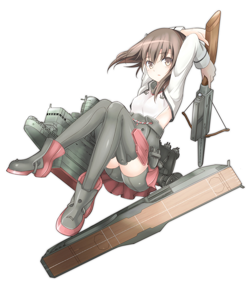 arms_up bike_shorts blush bow_(weapon) brown_eyes brown_hair crossbow flat_chest headband highres kantai_collection looking_at_viewer mobu-312 open_mouth pleated_skirt short_hair skirt solo taihou_(kantai_collection) thighhighs weapon