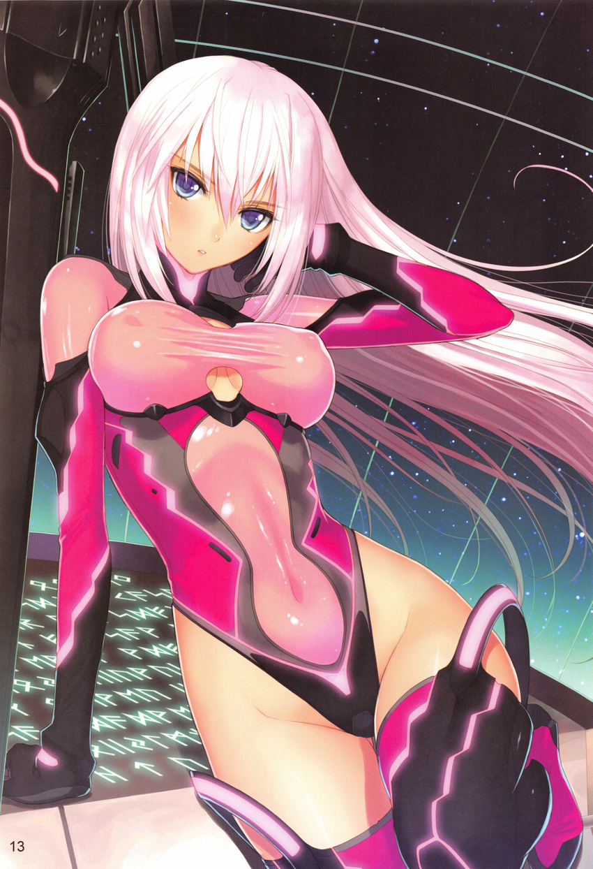 absurdres ass_visible_through_thighs blue_eyes blush boots breasts cleavage_cutout covered_navel covered_nipples highleg highleg_leotard highres large_breasts leotard long_hair looking_at_viewer no_panties original pink_hair pink_leotard see-through shiny shiny_clothes solo star tanaka_takayuki thigh_boots thighhighs