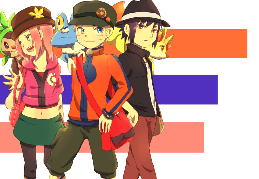 1girl 2boys :d black_eyes black_hair blonde_hair blue_eyes character_request chespin fedora fennekin froakie green_eyes haruno_sakura hat midriff multiple_boys naruto navel o96ap open_mouth pink_hair pokemon smile uchiha_sasuke uzumaki_naruto