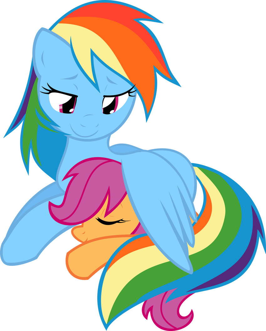 absurd_res alpha_channel cute duo equine eyes_closed female friendship_is_magic hair half-closed_eyes hi_res horse mammal multi-colored_hair my_little_pony pegasus pink_eyes plain_background pony purple_hair rainbow_dash_(mlp) rainbow_hair scootaloo_(mlp) smile transparent_background up1ter wing_hug wings