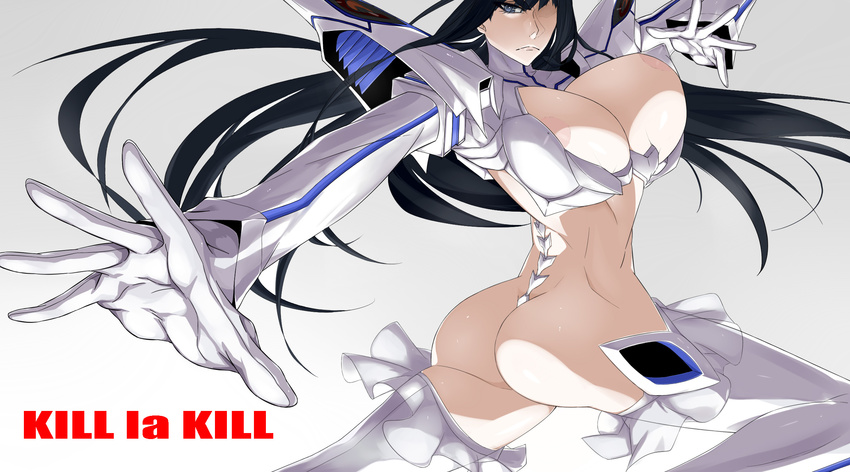 areola_slip areolae ass bad_id bad_pixiv_id black_hair blue_eyes boots breasts copyright_name frilled_legwear gloves highres junketsu kill_la_kill kiryuuin_satsuki large_breasts long_hair long_sleeves revealing_clothes shoujo_donburi simple_background solo thigh_boots thighhighs white_background white_legwear