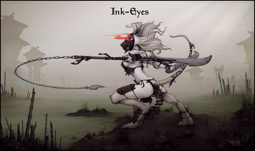 chain clothed clothing crouching ecmajor female glowing glowing_eyes hair ink-eyes long_hair magic_the_gathering mammal mask ninja outside polearm rat red_eyes rodent side_boob skimpy solo sword weapon