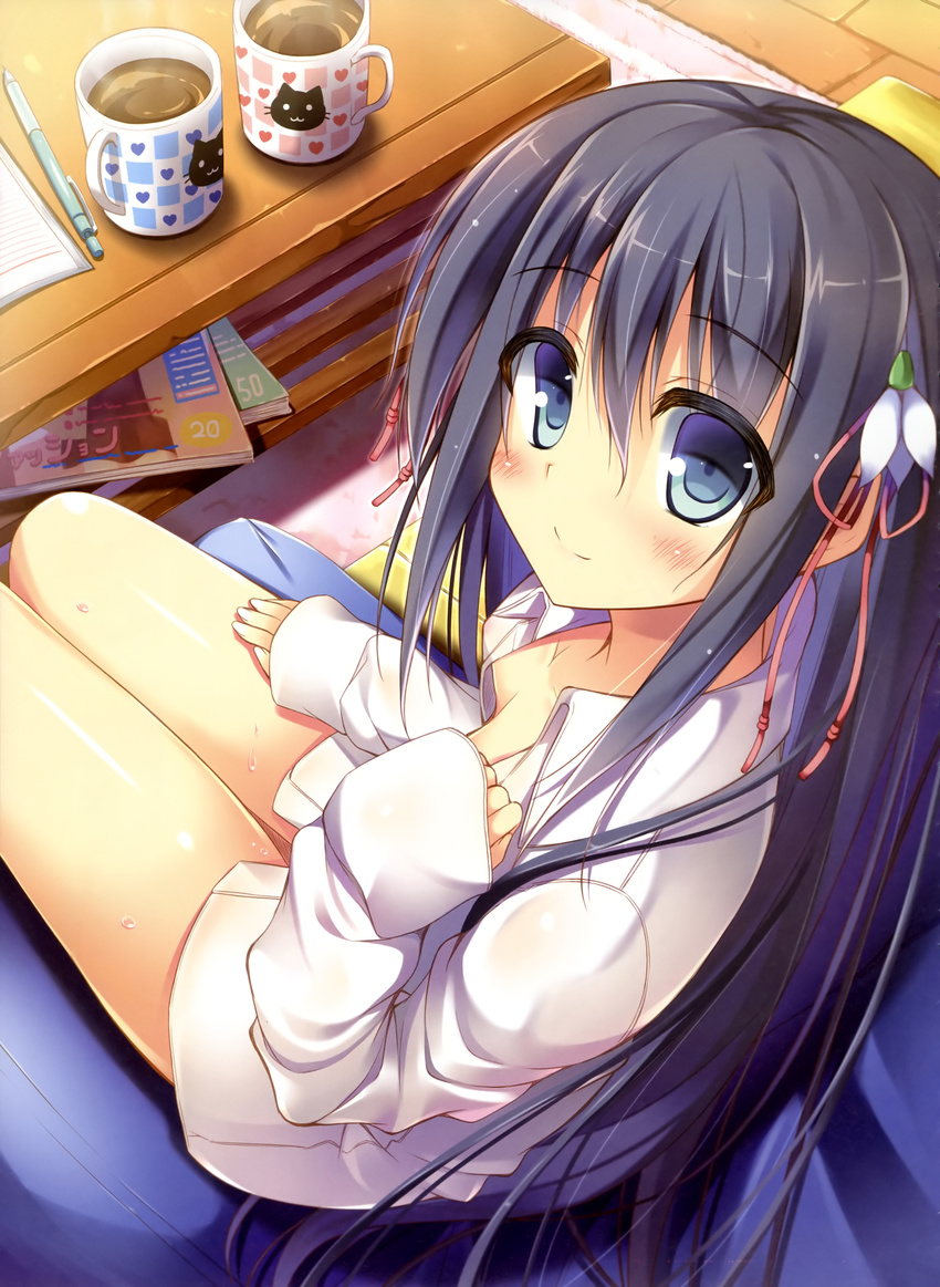 absurdres blush breasts collarbone cup dress_shirt hair_ornament highres legs long_hair looking_at_viewer looking_back magazine mug naked_shirt nozomi_tsubame open_clothes open_shirt original purple_eyes purple_hair shiny shiny_skin shirt sitting small_breasts smile solo sweat table very_long_hair yukiha_(nozomi_tsubame)