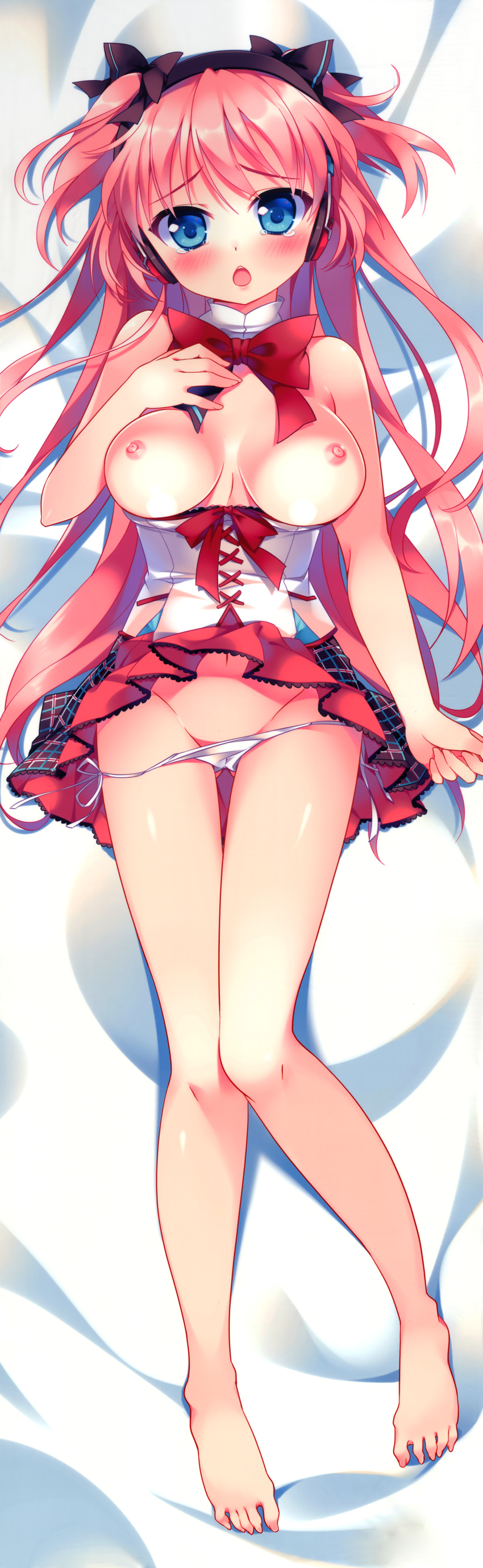 absurdres bare_shoulders barefoot blush breasts breasts_outside chestnut_mouth dakimakura full_body headphones highres huge_filesize idol_kanojo large_breasts legs looking_at_viewer lying navel nipples on_back open_mouth otomusume panties panty_pull red_hair rie_(reverie) scan shiny shiny_skin side-tie_panties solo thigh_gap triangle! underwear white_panties