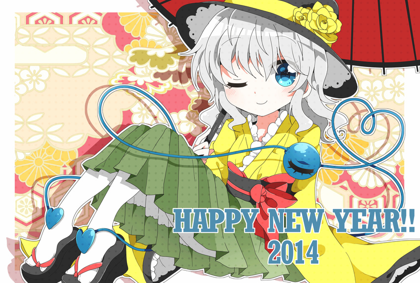 2014 alternate_costume blue_eyes blush clog_sandals eyeball hakama_skirt happy_new_year hat hat_ribbon heart heart_of_string highres komeiji_koishi kyapinetzu long_sleeves new_year obi one_eye_closed oriental_umbrella pantyhose ribbon sash short_hair silver_hair skirt solo third_eye touhou umbrella white_legwear wide_sleeves