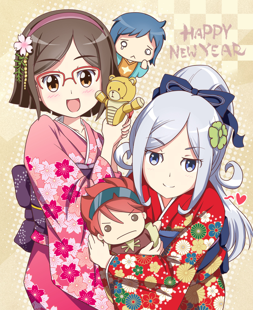 2girls :&lt; :d absurdres aila_jyrkiainen alternate_hairstyle beargguy_iii blue_eyes blue_hair blush brown_hair chibi eyewear_on_head floral_print flower glasses gundam gundam_build_fighters gunpla hair_flower hair_ornament happy_new_year heart highres iori_sei japanese_clothes kimono kousaka_china long_hair multiple_boys multiple_girls my1228 new_year o_o open_mouth over-rim_eyewear ponytail red-framed_eyewear red_hair reiji_(gundam_bf) semi-rimless_eyewear short_hair silver_hair smile sunglasses tears