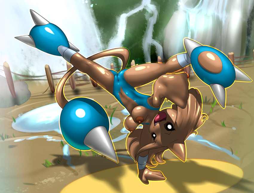 &gt;:d anthro barefoot big_feet breasts brown_eyes butt capoeira claws clothed clothing crossgender crossover elpatrixf eyelashes female fence grass half-dressed handstand hi_res hitmontop looking_at_viewer navel nintendo nipples open_mouth outside plant pok&#233;mon pok&eacute;mon puddle pussy raised_leg rock sharp_claws solo spread_legs spreading tekken toe_claws tongue two_toes upside_down video_games water waterfall wood
