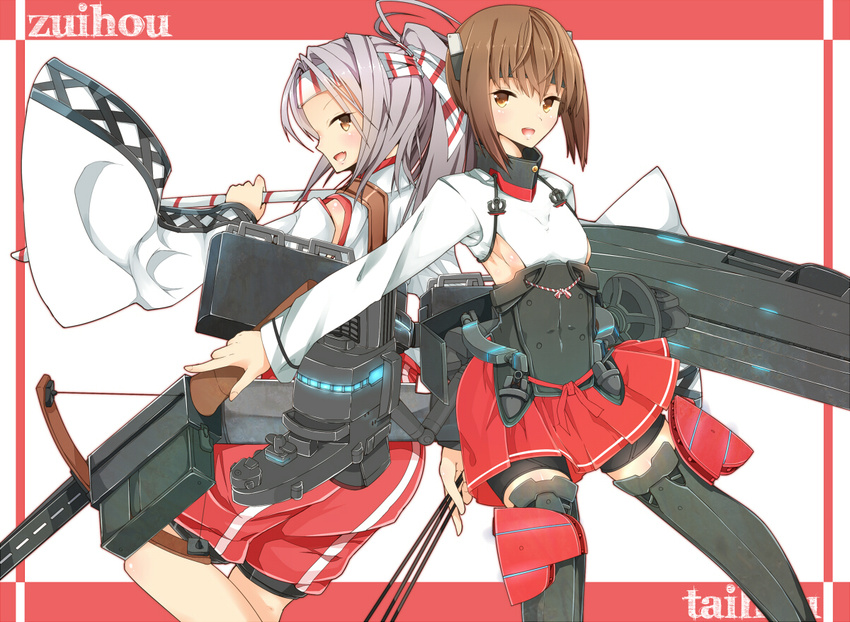 back-to-back bare_shoulders bike_shorts blush bow_(weapon) brown_eyes brown_hair crossbow detached_sleeves einz_zwei flat_chest hachimaki headband headgear high_ponytail japanese_clothes kantai_collection long_hair looking_at_viewer multiple_girls pleated_skirt ponytail short_hair skirt smile taihou_(kantai_collection) thighhighs weapon zuihou_(kantai_collection)