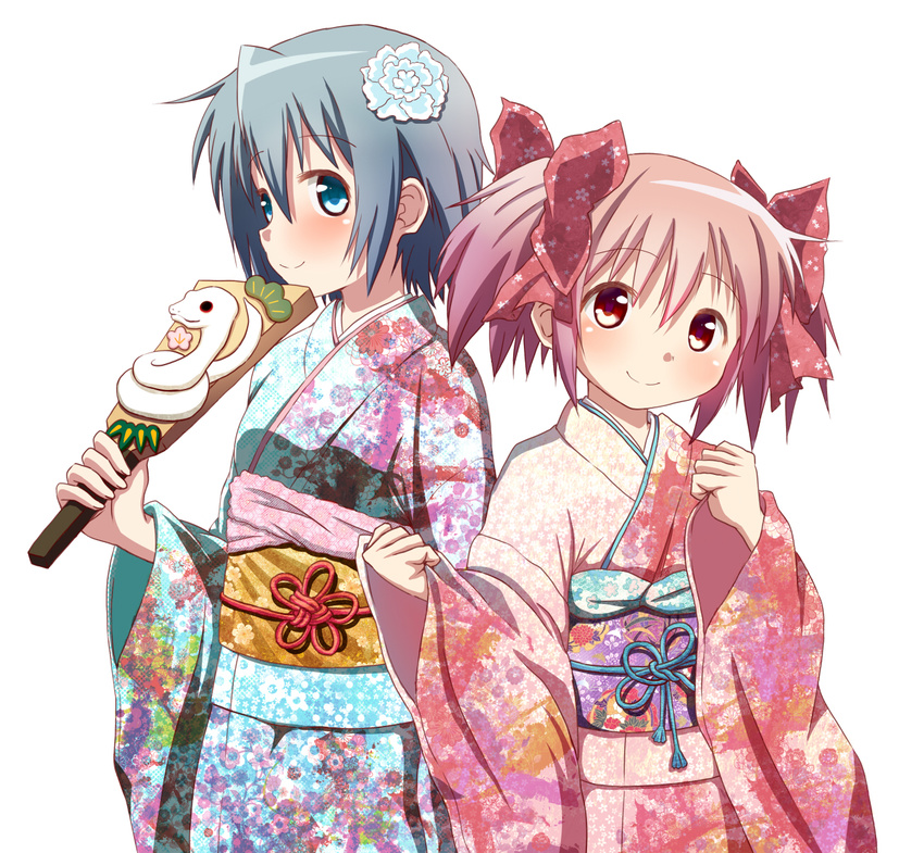 bad_id bad_pixiv_id banned_artist blue_eyes blue_hair bow flower gonzaburou hagoita hair_bow hair_flower hair_ornament highres japanese_clothes kaname_madoka kimono mahou_shoujo_madoka_magica miki_sayaka multiple_girls new_year obi paddle pink_eyes pink_hair sash short_hair short_twintails simple_background smile snake twintails white_background white_snake