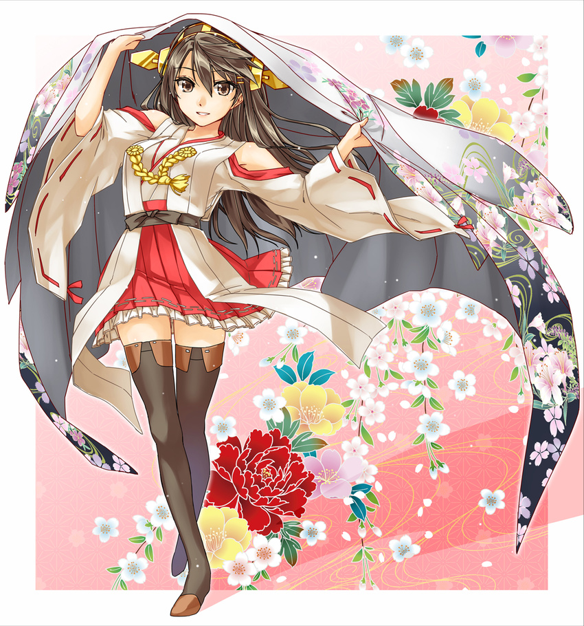 abo_(hechouchou) bare_shoulders black_hair boots breasts brown_eyes detached_sleeves flower full_body hair_ornament hairband hairclip haruna_(kantai_collection) highres japanese_clothes kantai_collection long_hair medium_breasts nontraditional_miko ribbon-trimmed_sleeves ribbon_trim smile solo thigh_boots thighhighs zettai_ryouiki