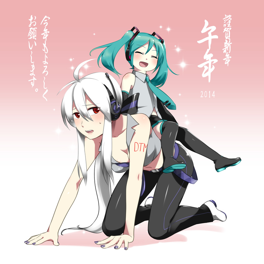 aqua_hair breasts caffein closed_eyes hatsune_miku highres long_hair medium_breasts multiple_girls red_eyes silver_hair thighhighs translation_request twintails vocaloid voyakiloid yowane_haku