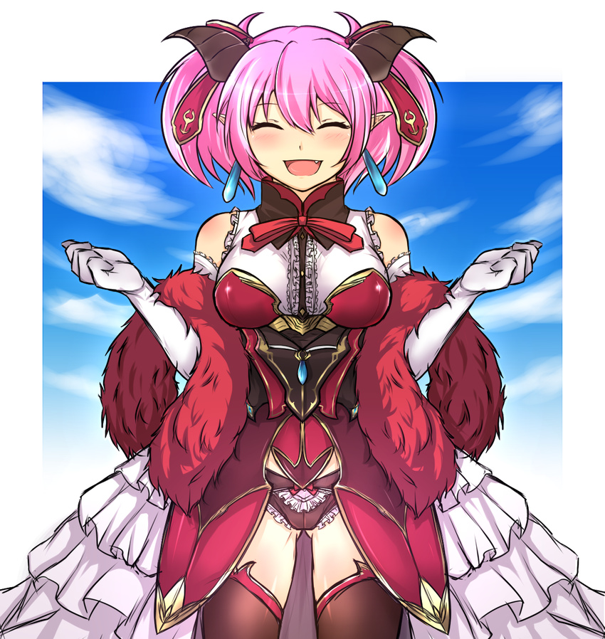 :d ^_^ armor armored_dress bad_id bad_pixiv_id bare_shoulders black_legwear black_panties blush breasts closed_eyes cowboy_shot demon_girl demon_horns earrings elbow_gloves fang faulds feather_boa frilled_skirt frills gloves highres horns jewelry lilim_(shingeki_no_bahamut) medium_breasts open_mouth panties pink_hair pointy_ears seta_makoto shingeki_no_bahamut short_twintails showgirl_skirt skirt smile solo thighhighs twintails underwear