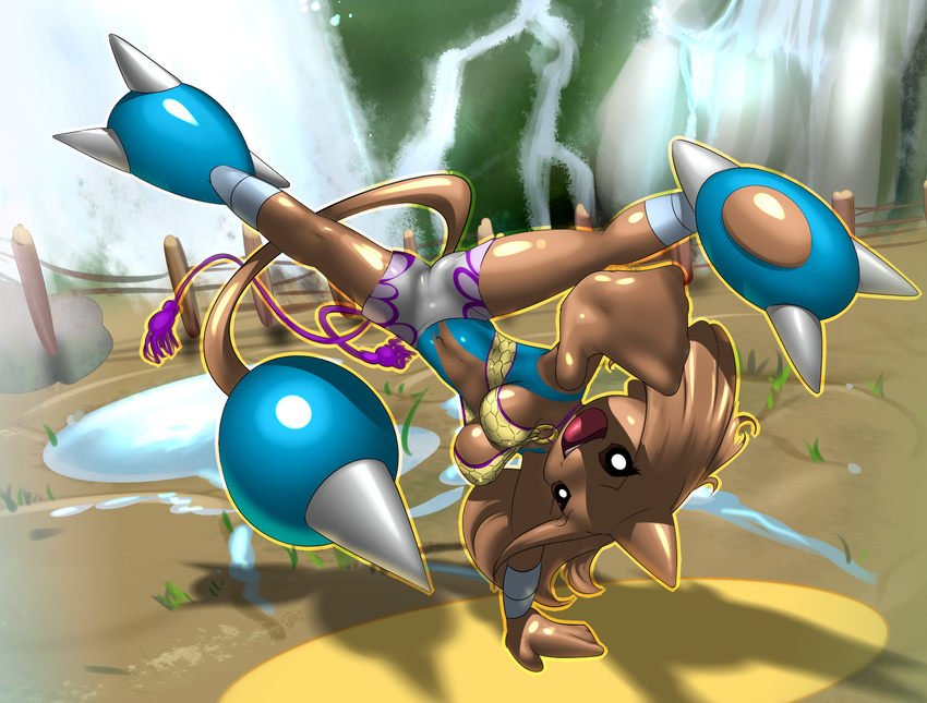 anthro barefoot big_feet breasts brown_eyes butt camel_toe capoeira christie_monteiro claws cloed clothed clothing crossover elpatrixf eyelashes female fence grass half-dressed handstand hi_res hitmontop looking_at_viewer navel nintendo nipples open_mouth outside plant pok&#233;mon pok&eacute;mon puddle raised_leg rock sharp_claws shorts side_boob solo spread_legs spreading tekken toe_claws tongue two_toes upside_down video_games water waterfall wood