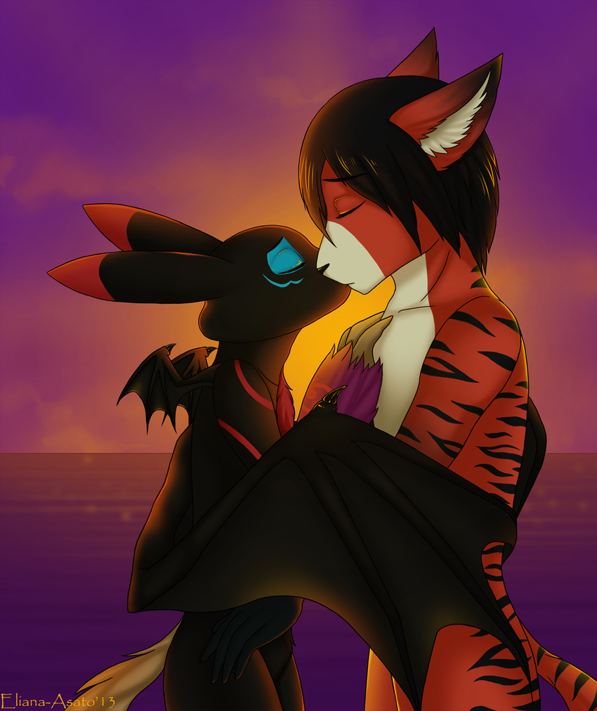 anthro black_fur black_nose canine duo eliana-asato feline fox fur hug hybrid kissing male mammal orange_fur sea stripes strips sun sunset tiger valheru water wings