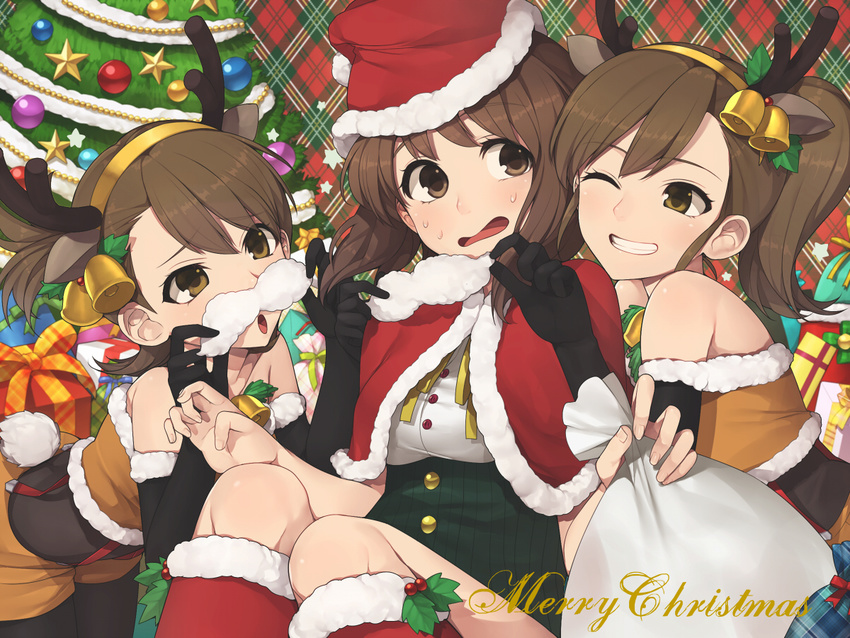 :o antlers bare_shoulders bell black_gloves blush boots brown_eyes brown_hair capelet christmas facial_hair futami_ami futami_mami girl_sandwich gloves grin hagiwara_yukiho hair_bell hair_ornament hat hitoto idolmaster idolmaster_(classic) merry_christmas multiple_girls mustache one_eye_closed open_mouth reindeer_antlers sack sandwiched santa_costume santa_hat short_hair shorts smile sweatdrop