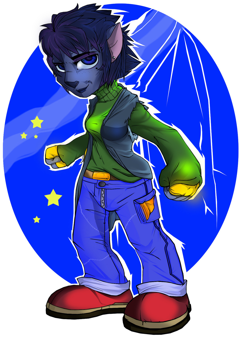 albinoart anthro bat black_fur blue_eyes breasts character clothed clothing female fur green_sweater jacket jeans looking_at_viewer mammal original red_boots simple_background solo star stellathebat