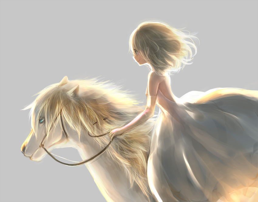 1girl animal bare_shoulders blonde_hair dress elbow_gloves gloves horse looking_away lying mari_(marixrian) mari_(milkuro) on_side riding simple_background smile solo source_request white_dress wind