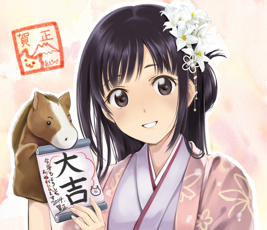 2014 black_hair brown_eyes hand_puppet japanese_clothes new_year omikuji original puppet solo taccomm upper_body