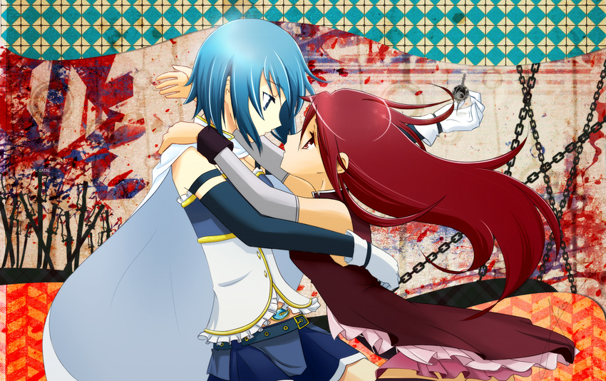 armi_(armitage) blue_eyes blue_hair cape detached_sleeves eye_contact gloves hug long_hair looking_at_another magical_girl mahou_shoujo_madoka_magica miki_sayaka miko_embrace multiple_girls parody red_eyes red_hair sakura_kyouko short_hair skirt soul_gem thighhighs wristband yuri