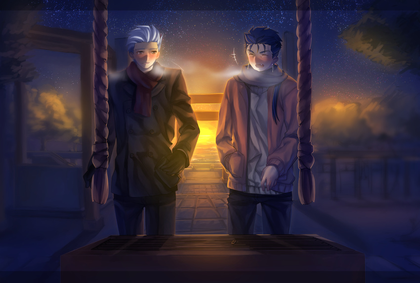 archer bad_id bad_pixiv_id blue_hair blush closed_eyes coat earrings fang fate/stay_night fate_(series) highres jewelry lancer long_hair male_focus multiple_boys new_year open_mouth ponytail scarf shrine smile washizu0808 white_hair yellow_eyes