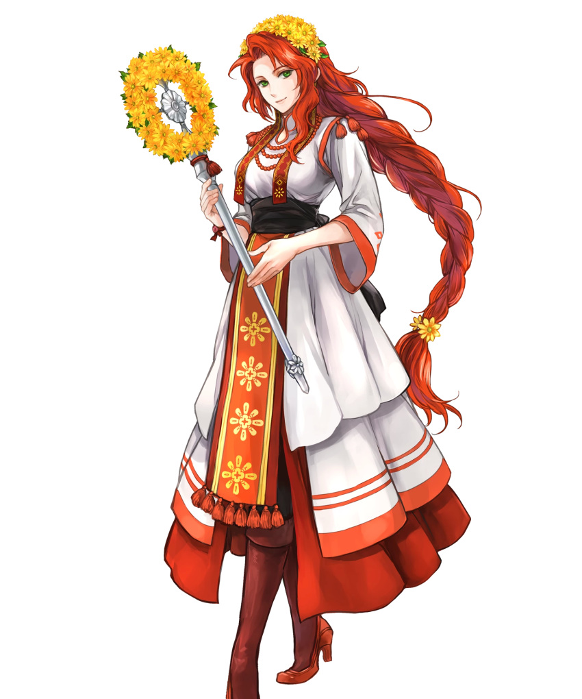 1girl bangs braid closed_mouth dress fire_emblem fire_emblem:_souen_no_kiseki fire_emblem_heroes flower full_body green_eyes head_wreath high_heels highres holding jewelry lips long_sleeves looking_at_viewer necklace nintendo official_art pelvic_curtain red_footwear red_hair shiny shiny_hair single_braid smile solo staff standing tiamat_(fire_emblem) transparent_background wada_sachiko wide_sleeves