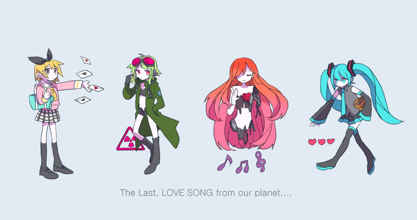 4girls android aqua_hair asayo beamed_eighth_notes black_legwear blonde_hair bokura_no_16bit_warz_(vocaloid) closed_mouth coat detached_sleeves eighth_note goggles grey_background grey_eyes gumi hatsune_miku headset heart hello_planet_(vocaloid) highres holding kagamine_rin kneehighs letter long_hair megurine_luka multiple_girls musical_note open_clothes open_coat outstretched_arm pink_hair plant potted_plant radiation_symbol red_eyes school_uniform short_hair short_shorts shorts shuumatsu_ga_yattekuru!_(vocaloid) treble_clef twintails upper_body very_long_hair vocaloid wander_last_(vocaloid)