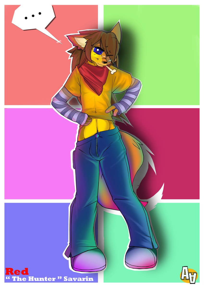 albinoart anthro blue_eyes bon bone canine dog fur gumshoes invalid_tag jeans looking_at_viewer male mammal red_savarin red_shawl scar simple_background solatorobo solo