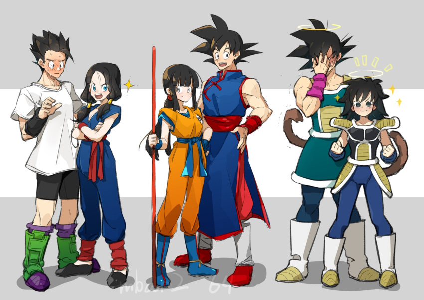 3boys 3girls armor bardock black_hair blush boots chi-chi_(dragon_ball) china_dress chinese_clothes clenched_hands cosplay costume_switch crossdressing crossed_arms dragon_ball dragonball_z dress embarrassed facepalm facial_scar gine green_eyes grey_eyes hair_tubes halo hand_on_hip highres hime_cut loafers long_hair looking_at_viewer low_twintails mbar2_64 medium_hair multiple_boys multiple_girls open_mouth ponytail power_pole scar scar_on_cheek shirt shoes sketch smile smirk son_gohan son_gokuu sparkle spiked_hair t-shirt tail trembling tunic twintails videl wristband