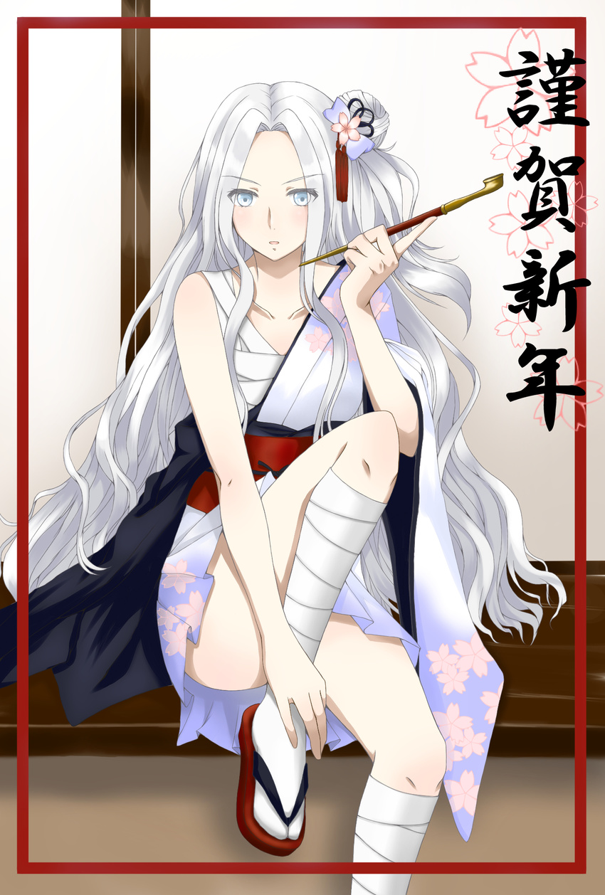 bad_id bad_pixiv_id bandages bare_arms bare_shoulders blue_eyes blush border danganronpa danganronpa_1 floral_print flower gradient hadanugi_dousa hair_bun hair_flower hair_ornament highres holding japanese_clothes kiseru knee_up leg_wrap long_hair looking_at_viewer obi off_shoulder one_side_up oogami_sakura parted_lips pipe red_border sandals sarashi sash side_bun sitting tabi tassel translation_request very_long_hair white_hair white_legwear younger zouri