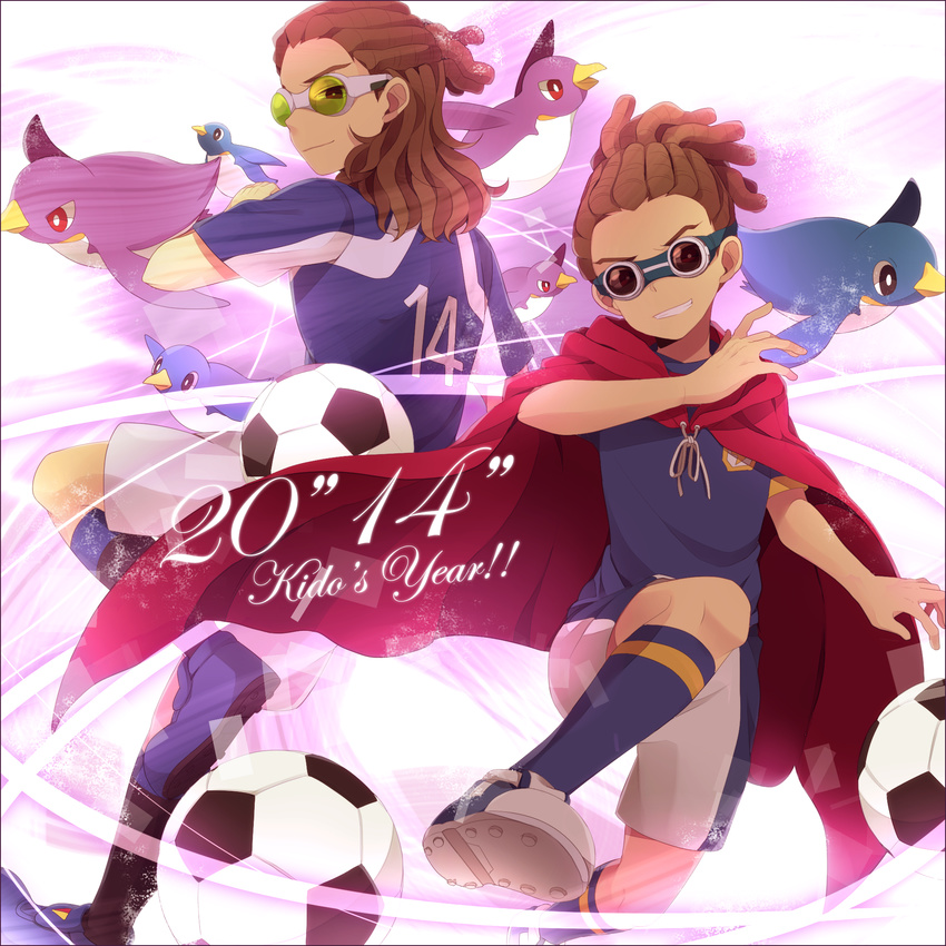 2boys age_difference ball bird brown_hair cape dual_persona english goggles grin highres inazuma_eleven inazuma_eleven_(series) inazuma_eleven_go inazuma_japan inazuma_legend_japan kidou_yuuto looking_back male_focus multiple_boys penguin red_cape saku_anna smile soccer_ball soccer_uniform sportswear telstar